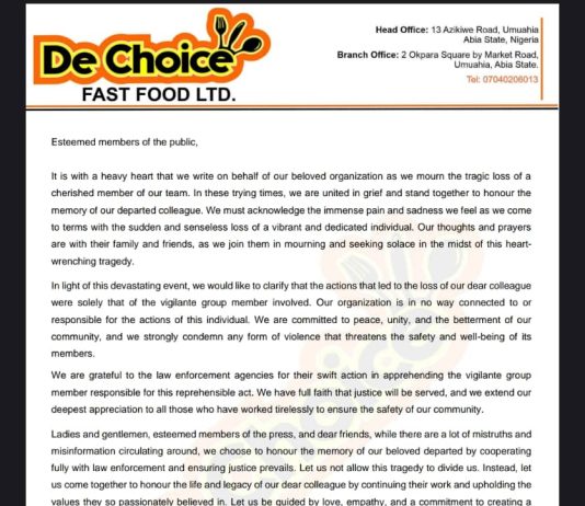 We Will Do Everything To Ensure Justice Prevails:De Choice Fast Food, As They Decry Murder of Former staff, Izuchukwu Mbakwe